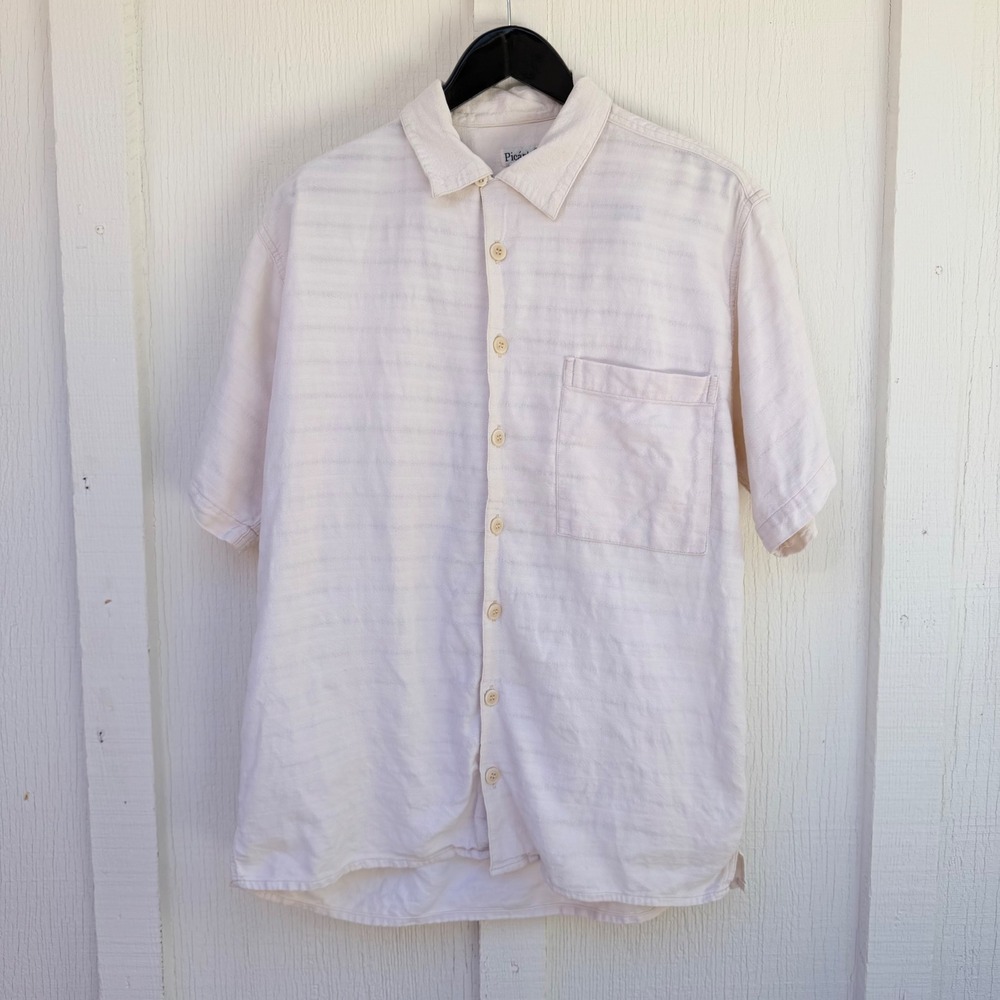 Picante Mens Handwoven Cotton Short Sleeve Button Down Shirt Cream Stripe M